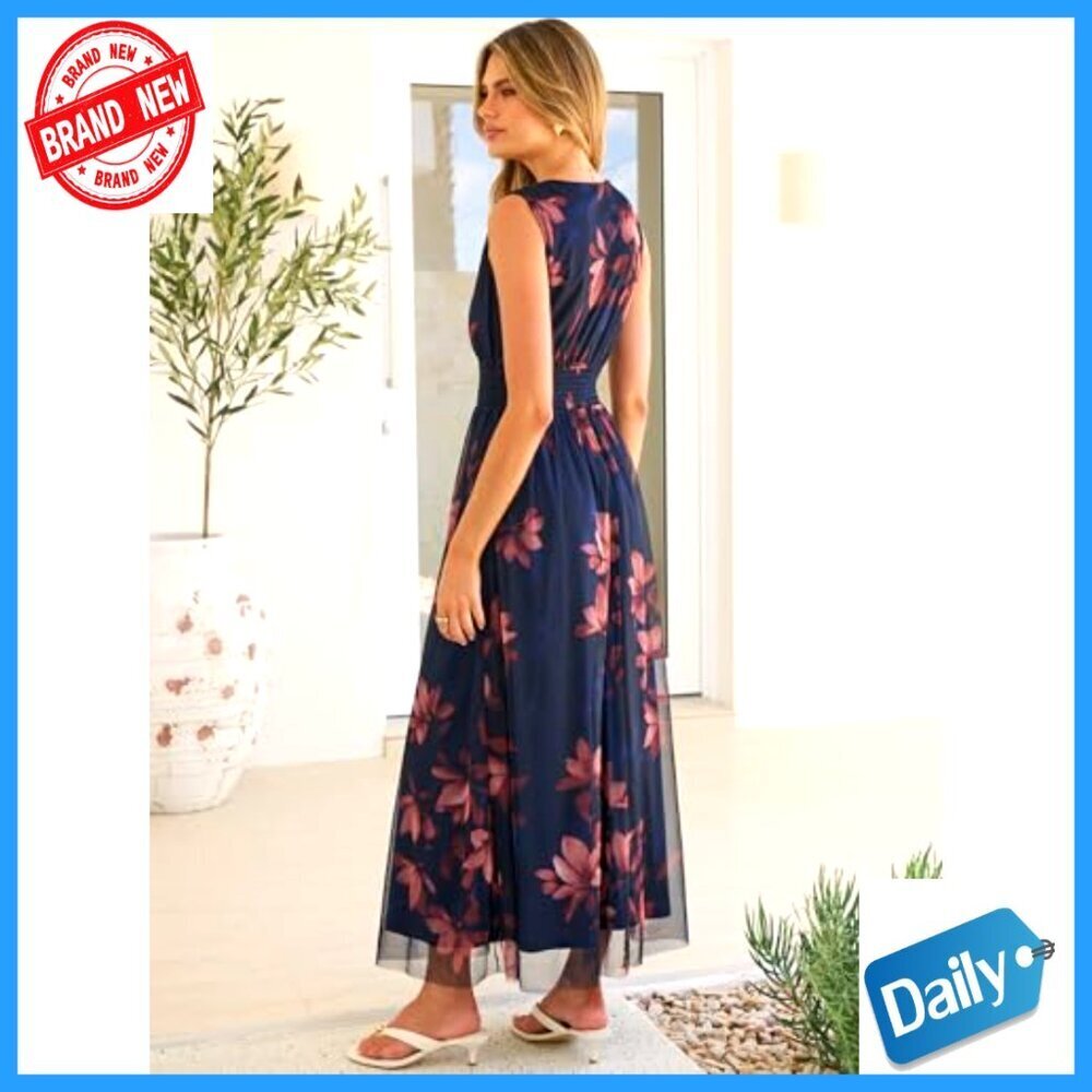 Summer Maxi Dress V-Neck Sleeveless A-Line Tulle Wedding Guest Casual - Picture 3 of 7
